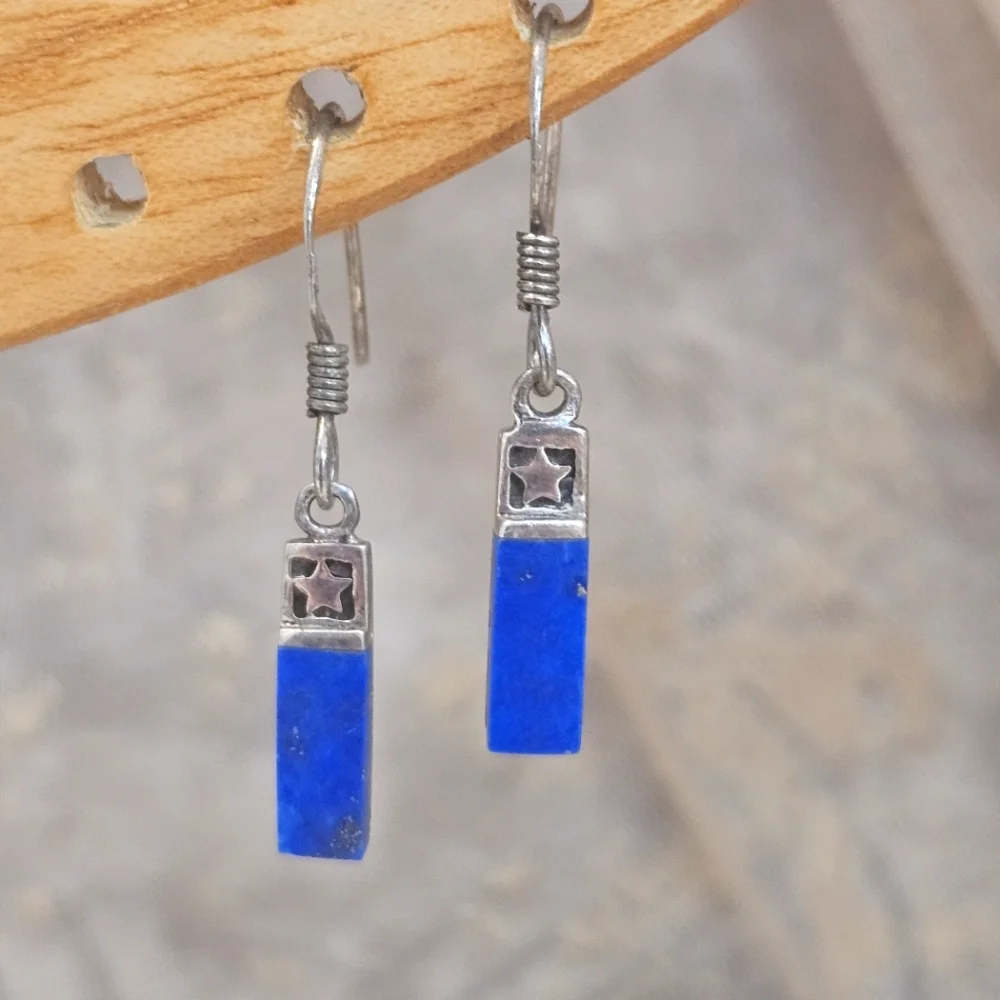 Lapis Lazuli Blue Stone 925 Mexico Delicate Dangle Earrings Sterling Silver